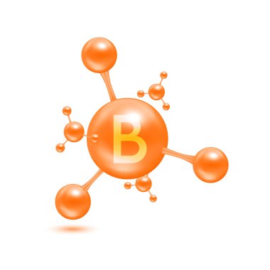 Atom molekülleri şeklinde B vitamini turuncu parlak. Beyaz arkaplanda 3D simgesi izole edildi. Mineraller vitamin kompleksi. Tıp ve bilim konsepti. Vektör EPS10 illüstrasyonu.