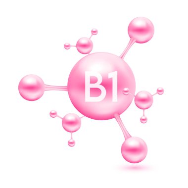 Atom molekülleri şeklinde B1 vitamini. Pembe parlak. Beyaz arkaplanda 3D simgesi izole edildi. Mineraller vitamin kompleksi. Tıp ve bilim konsepti. Vektör EPS10 illüstrasyonu.