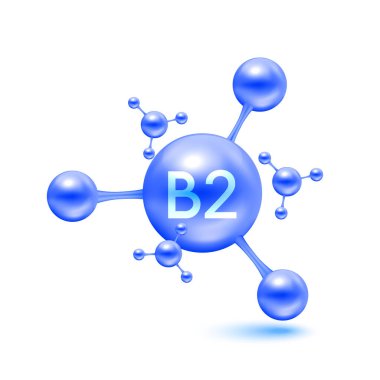 Atom molekülleri şeklinde B2 vitamini mavi parlak. Beyaz arkaplanda 3D simgesi izole edildi. Mineraller vitamin kompleksi. Tıp ve bilim konsepti. Vektör EPS10 illüstrasyonu.
