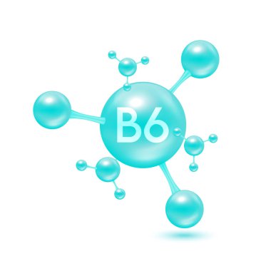 Atom halinde B6 vitamini molekülleri mavi parlak. Beyaz arkaplanda 3D simgesi izole edildi. Mineraller vitamin kompleksi. Tıp ve bilim konsepti. Vektör EPS10 illüstrasyonu.