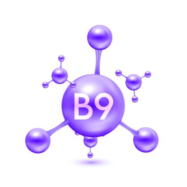 Atom şeklinde B9 vitamini molekülleri mor parlak. Beyaz arkaplanda 3D simgesi izole edildi. Mineraller vitamin kompleksi. Tıp ve bilim konsepti. Vektör EPS10 illüstrasyonu.