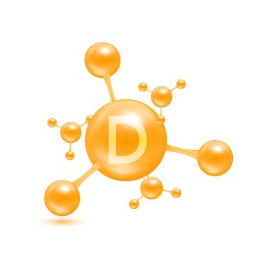 Atom molekülleri şeklinde D vitamini turuncu parlak. Beyaz arkaplanda 3D simgesi izole edildi. Mineraller vitamin kompleksi. Tıp ve bilim konsepti. Vektör EPS10 illüstrasyonu.