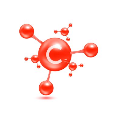 Atom molekülleri şeklinde C vitamini kırmızı parlak. Beyaz arkaplanda 3D simgesi izole edildi. Mineraller vitamin kompleksi. Tıp ve bilim konsepti. Vektör EPS10 illüstrasyonu.