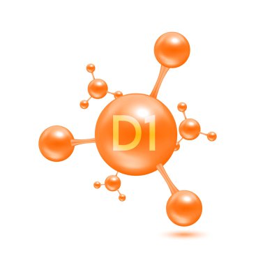 Atom molekülleri şeklinde D1 vitamini turuncu parlak. Beyaz arkaplanda 3D simgesi izole edildi. Mineraller vitamin kompleksi. Tıp ve bilim konsepti. Vektör EPS10 illüstrasyonu.
