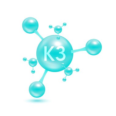Atom molekülleri halinde K3 vitamini mavi parlak. Beyaz arkaplanda 3D simgesi izole edildi. Mineraller vitamin kompleksi. Tıp ve bilim konsepti. Vektör EPS10 illüstrasyonu.