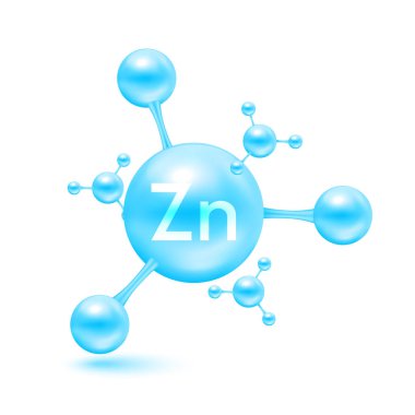 Atom formunda çinko mineral mavi parlak moleküller. Çinko simgesi 3D beyaz arkaplanda izole edildi. Mineraller vitamin kompleksi. Tıp ve bilim konsepti. Vektör EPS10 illüstrasyonu.