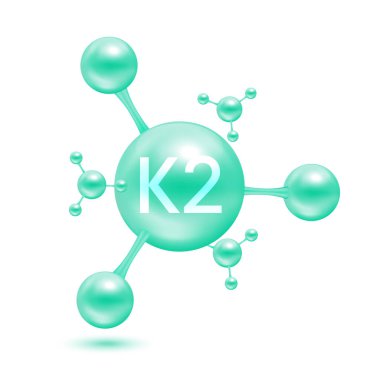 Atom molekülleri şeklindeki K2 vitamini yeşil parlaktır. Beyaz arkaplanda 3D simgesi izole edildi. Mineraller vitamin kompleksi. Tıp ve bilim konsepti. Vektör EPS10 illüstrasyonu.