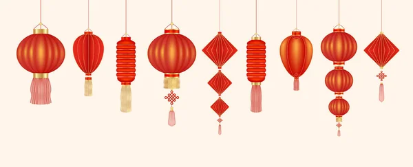 中国の提灯赤い吊るし飾りや張ラング 中国の旧正月祭りのための装飾中国独自の伝統 白い背景に隔離されている 現実的な3Dベクトル図 — ストックベクタ
