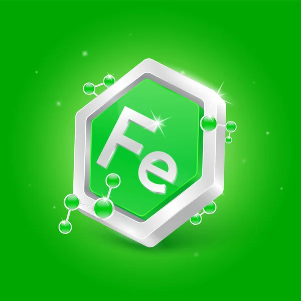 五边形绿色 化学原子分子环绕的铁矿砂 3D标志标签营养银 用于食品和医药产品的设计 科学概念 孤立的病媒 — 图库矢量图片