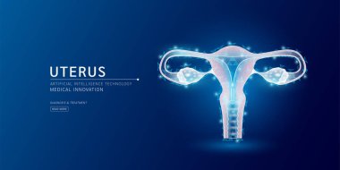 Web sitesi şablonu. Kadın uterusu anatomisi yarı saydam düşük polyester üçgenler. Koyu mavi arka planda parlak bir organ hologramı. Tıbbi yenilik tedavi konsepti. Sancak vektörü.