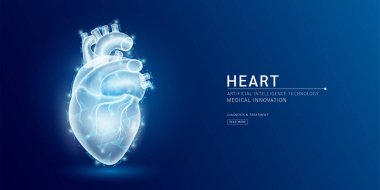 Web sitesi şablonu. İnsan kalbi anatomisi yarı saydam düşük polimer üçgenler. Koyu mavi arka planda parlak bir organ hologramı. Tıbbi yenilik tedavi konsepti. Sancak vektörü.
