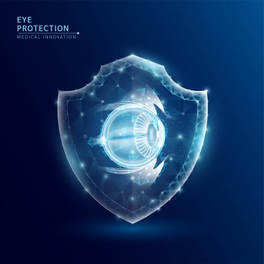 İnsan gözü anatomisi organı yarı saydam düşük polyester üçgen kalkanın içinde fütüristik parlama. Koyu mavi arka planda. Dokunulmazlığı koruma tıbbi yenilik kavramı. Vektör EPS10.