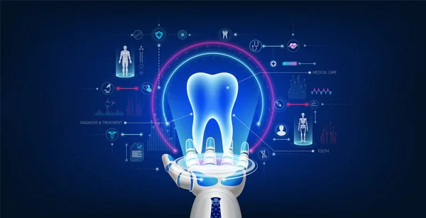 Gelecekçi tıbbi sibernetik robot teknolojisi. İnsan dişi sanal hologramı tıbbi bir ikonla robot elden uzaklaşır. Yenilikçi yapay zeka robotları sağlık hizmetlerine yardımcı oluyor. 3B Vektör.