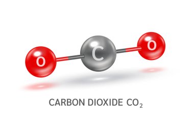 Carbon Dioxide CO2 molecule models grey and chemical formulas scientific. Ecology and biochemistry concept. Air pollution emissions contamination with industrial pipes. Isolated spheres 3D Vector. clipart