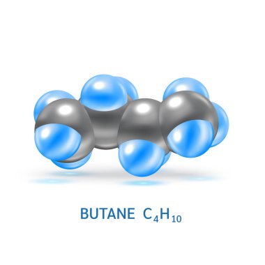 Butane gazı (C4H10) molekül modelleri ve fiziksel kimyasal formüller. Doğal gaz yanıcı gaz yakıtı. Ekoloji ve biyokimya bilimi kavramı. Beyaz arka planda izole edilmiş. 3B Vektör İllüstrasyonu.