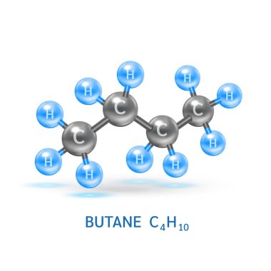 Butane gazı (C4H10) molekül modelleri ve fiziksel kimyasal formüller. Doğal gaz yanıcı gaz yakıtı. Ekoloji ve biyokimya bilimi kavramı. Beyaz arka planda izole edilmiş. 3B Vektör İllüstrasyonu.