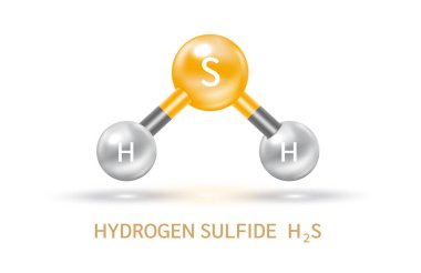 Hidrojen sülfür H2S molekül modelleri gri ve kimyasal formüller bilimsel. Ekoloji ve biyokimya kavramı. Hava kirliliği emisyonları endüstriyel borularla kirleniyor. İzole edilmiş küreler 3 boyutlu vektör.