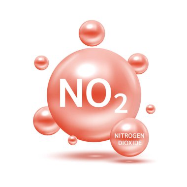 Nitrojen Dioksit NO2 molekül modelleri kırmızı ve kimyasal formüller bilimsel. Ekoloji ve biyokimya kavramı. Hava kirliliği emisyonları endüstriyel borularla kirleniyor. İzole edilmiş küreler 3 boyutlu vektör.