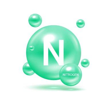 Nitrojen molekül modelleri yeşil ve kimyasal formüller bilimsel element. Doğal gaz. Ekoloji ve biyokimya kavramı. Beyaz arka planda izole küreler. 3B Vektör İllüstrasyonu.