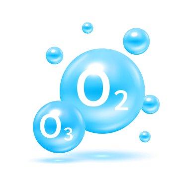 Oksijen O2 Ozon 3 molekül modelleri mavi ve kimyasal formüller. Doğal gaz. Ekoloji ve biyokimya kavramı. Beyaz arka planda. 3B Vektör İllüstrasyonu.