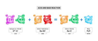 Tuz üretmek için asit ve baz özellikleri arasında oluşan kimyasal reaksiyon. Hidrojen, hidroksit iyonu, klorür, sodyum, su asidi çözeltisi potansiyeli. Biyokimya konsepti. Vektör.