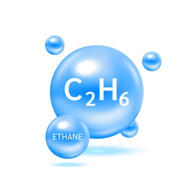 Etan gazı molekül modelleri ve fiziksel kimyasal formüller. Doğal gaz yanıcı gaz yakıtı. Ekoloji ve biyokimya bilimi kavramı. Beyaz arka planda izole edilmiş. 3B Vektör İllüstrasyonu.