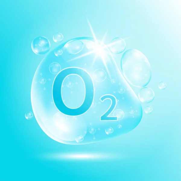 水の酸素分子の泡青と化学式をドロップします 装飾酸素化粧品のために 生態学と生化学の概念 青を背景に 3Dベクトルイラスト — ストックベクタ