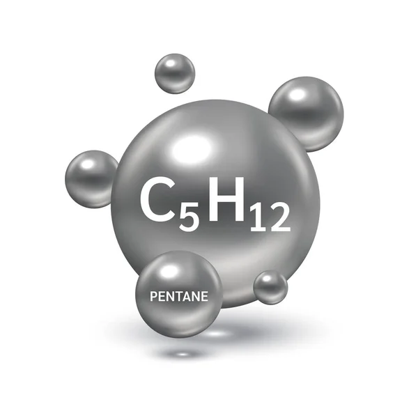 戊烷气体C5H12分子模型和物理化学公式 天然气可燃气体燃料 生态学和生物化学科学概念 被白色背景隔离 3D矢量图解 — 图库矢量图片