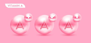 A vitamini pembe seti. Vitamin ve en iyi kafa. Tıbbi sembolleri, okları ve işaretleri olan 3D simge sağlam bir arkaplanda izleniyor. Gıda takviyesi tasarımı ve cilt bakımı için. Vektör.