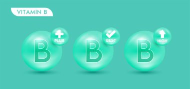 B vitamini yeşil set. Vitamin ve en iyi kafa. Tıbbi sembolleri, okları ve işaretleri olan 3D simge sağlam bir arkaplanda izleniyor. Gıda takviyesi tasarımı ve cilt bakımı için. Vektör.