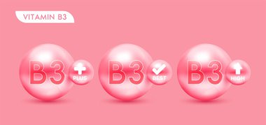 B3 vitamini pembe set. Vitamin ve en iyi kafa. Tıbbi sembolleri, okları ve işaretleri olan 3D simge sağlam bir arkaplanda izleniyor. Gıda takviyesi tasarımı ve cilt bakımı için. Vektör.