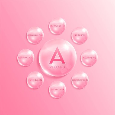 A vitamini kompleksi. Doğanın kimyasal formülü. Mineraller pembe su damlası. Güzellik tedavisiyle beslenme derisi tasarımı. Tıbbi bilimsel kavramlar. Gerçekçi 3B Vektör.