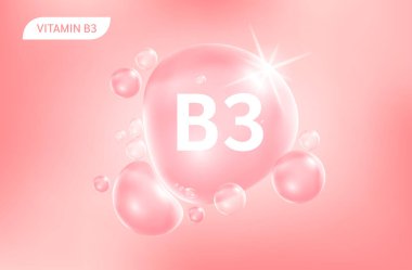 Serum kolajen vitamin B3, pembe damla su. Vitamin kompleksi ve doğadan gelen kimyasal formül. Güzellik tedavisi, beslenme, cilt bakımı. Tıbbi ve bilimsel kavramlar. 3D Gerçekçi Vektör EPS10.