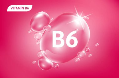 Serum kolajen vitamini B6 mor damla suyu. Vitamin kompleksi ve doğadan gelen kimyasal formül. Güzellik tedavisi, beslenme, cilt bakımı. Tıbbi ve bilimsel kavramlar. 3D Gerçekçi Vektör EPS10.