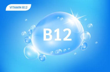 Serum kolajen vitamin 12 mavi damla su. Vitamin kompleksi ve doğadan gelen kimyasal formül. Güzellik tedavisi, beslenme, cilt bakımı. Tıbbi ve bilimsel kavramlar. 3D Gerçekçi Vektör EPS10.