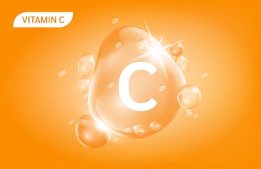 Serum kolajen C vitamini portakal suyu. Vitamin kompleksi ve doğadan gelen kimyasal formül. Güzellik tedavisi, beslenme, cilt bakımı. Tıbbi ve bilimsel kavramlar. 3D Gerçekçi Vektör EPS10.