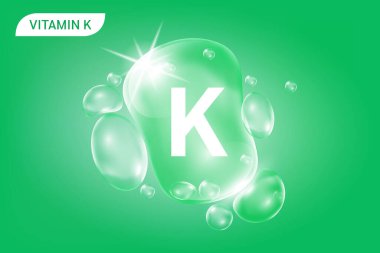 Serum kolajen K vitamini yeşil damla suyu. Vitamin kompleksi ve doğadan gelen kimyasal formül. Güzellik tedavisi, beslenme, cilt bakımı. Tıbbi ve bilimsel kavramlar. 3D Gerçekçi Vektör EPS10.