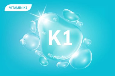 Serum kolajen vitamini K1 mavi damla su. Vitamin kompleksi ve doğadan gelen kimyasal formül. Güzellik tedavisi, beslenme, cilt bakımı. Tıbbi ve bilimsel kavramlar. 3D Gerçekçi Vektör EPS10.