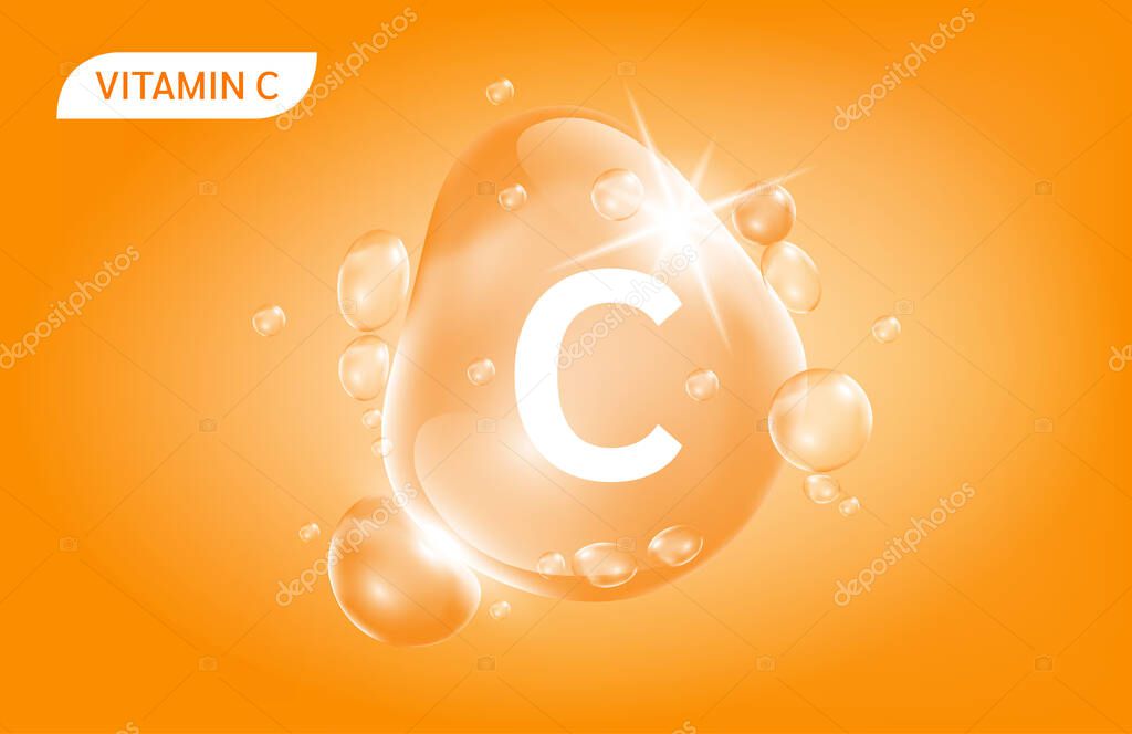 Serum collagen vitamin C orange drop water. Vitamin complex with Chemical formula from nature. Beauty treatment nutrition skin care design. Medical and scientific concepts. 3D Realistic Vector EPS10.