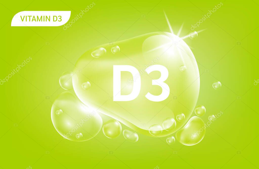 Serum collagen vitamin D3 green drop water. Vitamin complex with Chemical formula from nature. Beauty treatment nutrition skin care design. Medical and scientific concepts. 3D Realistic Vector EPS10.