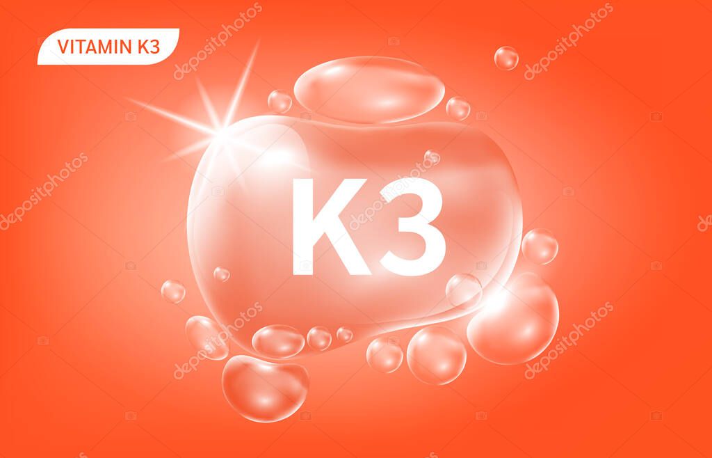 Serum collagen vitamin K3 orange drop water. Vitamin complex with Chemical formula from nature. Beauty treatment nutrition skin care design. Medical and scientific concepts. 3D Realistic Vector EPS10.