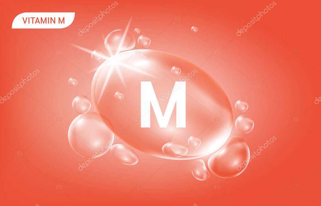 Serum collagen vitamin M orange drop water. Vitamin complex with Chemical formula from nature. Beauty treatment nutrition skin care design. Medical and scientific concepts. 3D Realistic Vector EPS10.