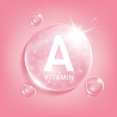 A vitamini pembe su. Doğadan gelen kimyasal formüllü vitamin kompleksi serum kolajeni. Güzellik tedavisi, beslenme, cilt bakımı. Tıbbi ve bilimsel kavramlar. 3D Gerçekçi Vektör EPS10.