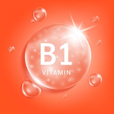 B1 vitamini portakal suyu. Doğadan gelen kimyasal formüllü vitamin kompleksi serum kolajeni. Güzellik tedavisi, beslenme, cilt bakımı. Tıbbi ve bilimsel kavramlar. 3D Gerçekçi Vektör EPS10.