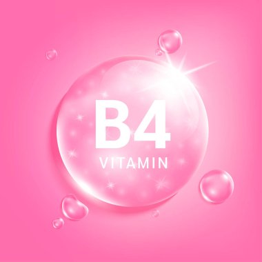 B4 vitamini pembe damla suyu. Doğadan gelen kimyasal formüllü vitamin kompleksi serum kolajeni. Güzellik tedavisi, beslenme, cilt bakımı. Tıbbi ve bilimsel kavramlar. 3D Gerçekçi Vektör EPS10.