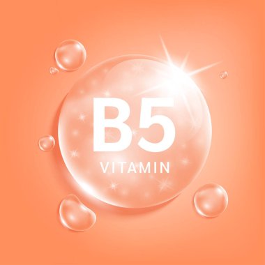 B5 vitamini portakal suyu. Doğadan gelen kimyasal formüllü vitamin kompleksi serum kolajeni. Güzellik tedavisi, beslenme, cilt bakımı. Tıbbi ve bilimsel kavramlar. 3D Gerçekçi Vektör EPS10.