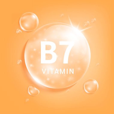 B7 vitamini portakal suyu. Doğadan gelen kimyasal formüllü vitamin kompleksi serum kolajeni. Güzellik tedavisi, beslenme, cilt bakımı. Tıbbi ve bilimsel kavramlar. 3D Gerçekçi Vektör EPS10.