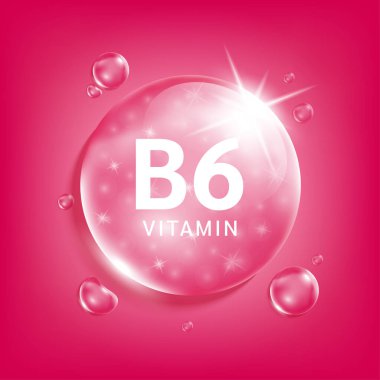 B6 vitamini pembe damla suyu. Doğadan gelen kimyasal formüllü vitamin kompleksi serum kolajeni. Güzellik tedavisi, beslenme, cilt bakımı. Tıbbi ve bilimsel kavramlar. 3D Gerçekçi Vektör EPS10.