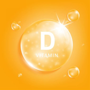 D vitamini portakal suyu. Doğadan gelen kimyasal formüllü vitamin kompleksi serum kolajeni. Güzellik tedavisi, beslenme, cilt bakımı. Tıbbi ve bilimsel kavramlar. 3D Gerçekçi Vektör EPS10.