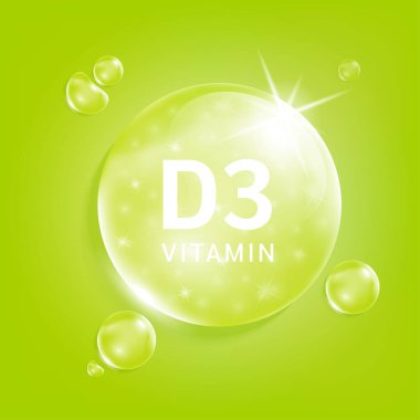 D3 vitamini yeşil damla suyu. Doğadan gelen kimyasal formüllü vitamin kompleksi serum kolajeni. Güzellik tedavisi, beslenme, cilt bakımı. Tıbbi ve bilimsel kavramlar. 3D Gerçekçi Vektör EPS10.